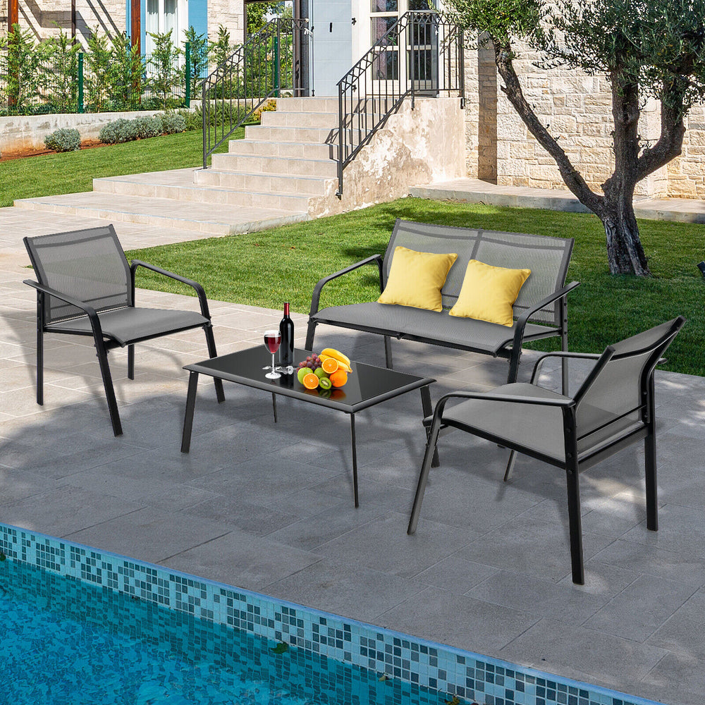 Make outdoor life more comfortable and make outdoor places more beautiful with this 4-piece patio furniture set! Â  To provide you with upgraded comfort  this outdoor conversation set is ergonomically designed with curved backrests  cozy armrests and wide