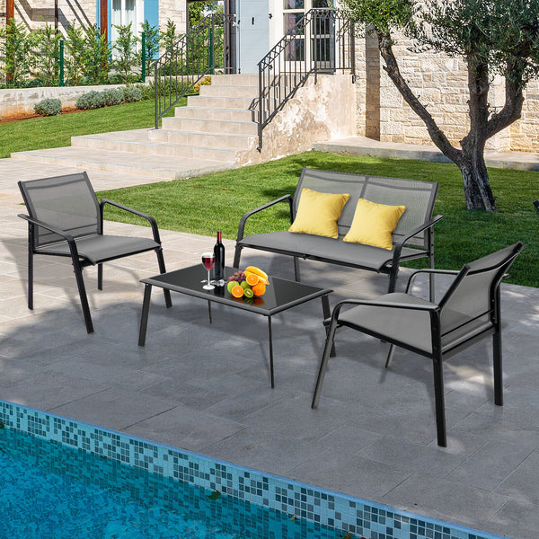 Make outdoor life more comfortable and make outdoor places more beautiful with this 4-piece patio furniture set! Â  To provide you with upgraded comfort  this outdoor conversation set is ergonomically designed with curved backrests  cozy armrests and wide