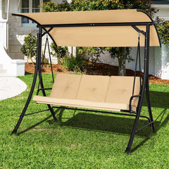 This outdoor porch swing with canopy can provide you with comfortable sitting feeling  letting you have a good leisure time and relieve stress. Â  The porch swing features heavy-duty steel frame  triangular base and solid springs hooks  bearing up to 800 