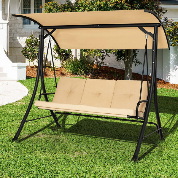 This outdoor porch swing with canopy can provide you with comfortable sitting feeling  letting you have a good leisure time and relieve stress. Â  The porch swing features heavy-duty steel frame  triangular base and solid springs hooks  bearing up to 800 
