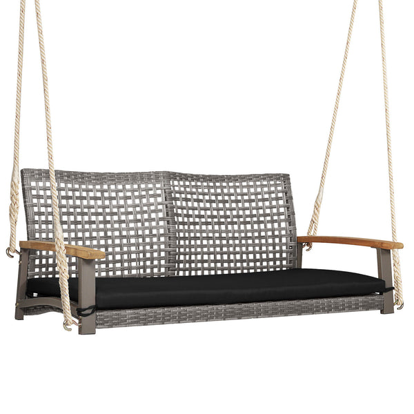 Spacious seat with 47" width allows 2 people to swing together<br>Curved seat  backrest and acacia wood armrests for more comfort<br>Heavy-duty steel frame ensures 800 lbs load capacity<br>Mix gray PE rattan is elegant and weather resistant<br>Include a c