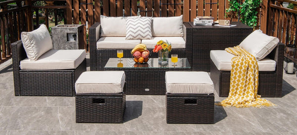 8-piece seat for more creative combinations Fetch different belongings with ease because of the practical coffee table Sturdier and safer to use with high quality tempered glass tabletop Soft and thick cushions for ultimate coziness Hold the ottomans' cus
