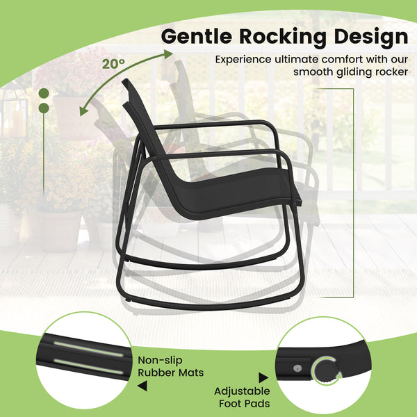 Experience serenity and comfort with our swinging chair<br>20Â° Swinging Angle for a smooth rocking experience<br>Rocking chair include 2 supportive bars for added stability<br>Non-slip pads and adjustable stoppers for secure rocking<br>Tempered glass tab