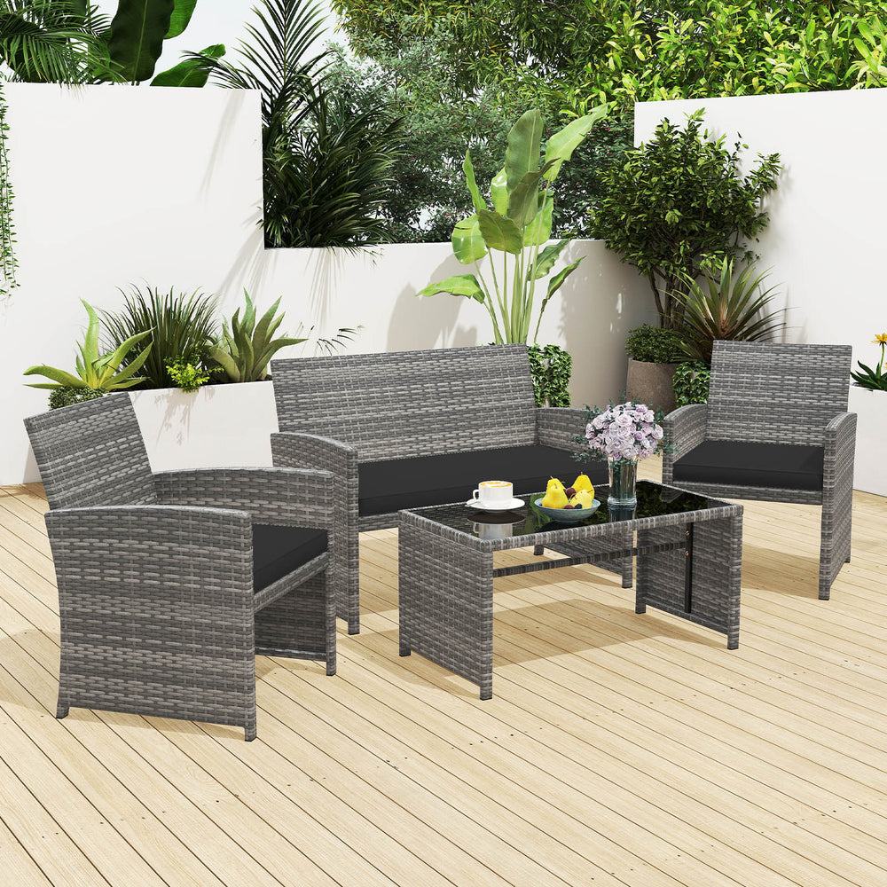 Handwoven mix gray PE rattan for extended elegance<br>Ergonomic backrest and armrests support natural  comfortable sitting posture<br>Soft cushions with elastic filling enhance comfort level<br>Zippered cushion covers allow easy cleaning<br>Tempered glass