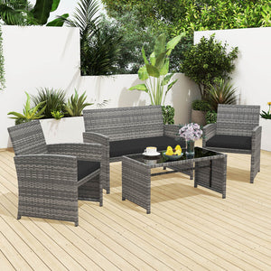 Handwoven mix gray PE rattan for extended elegance<br>Ergonomic backrest and armrests support natural  comfortable sitting posture<br>Soft cushions with elastic filling enhance comfort level<br>Zippered cushion covers allow easy cleaning<br>Tempered glass