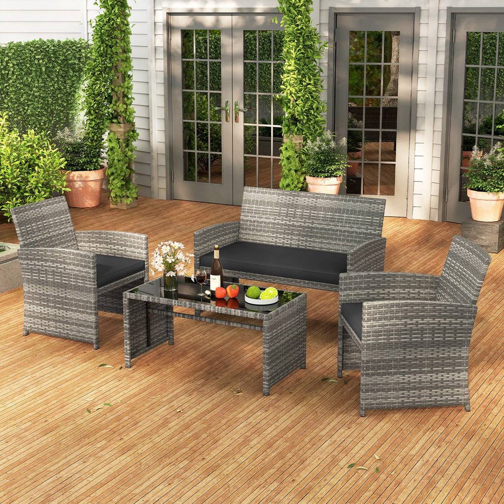 Handwoven mix gray PE rattan for extended elegance<br>Ergonomic backrest and armrests support natural  comfortable sitting posture<br>Soft cushions with elastic filling enhance comfort level<br>Zippered cushion covers allow easy cleaning<br>Tempered glass