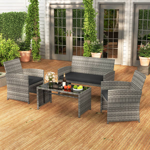 Handwoven mix gray PE rattan for extended elegance<br>Ergonomic backrest and armrests support natural  comfortable sitting posture<br>Soft cushions with elastic filling enhance comfort level<br>Zippered cushion covers allow easy cleaning<br>Tempered glass
