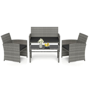 Handwoven mix gray PE rattan for extended elegance<br>Ergonomic backrest and armrests support natural  comfortable sitting posture<br>Soft cushions with elastic filling enhance comfort level<br>Zippered cushion covers allow easy cleaning<br>Tempered glass
