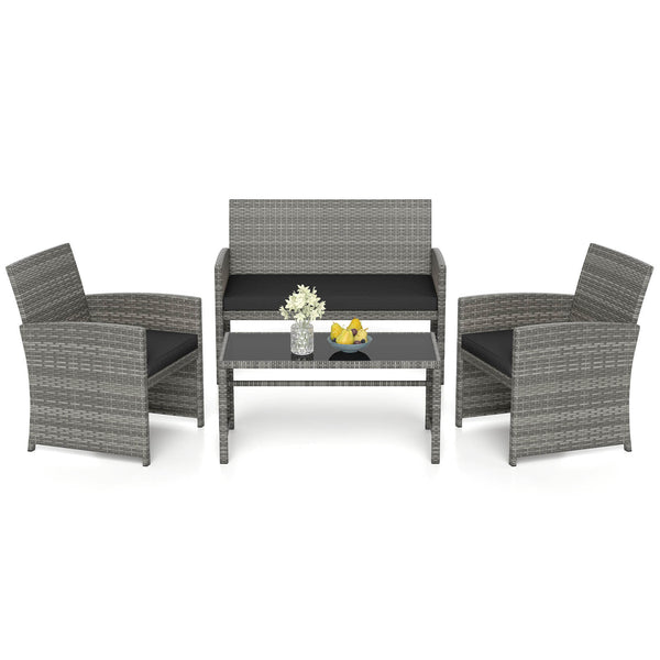 Handwoven mix gray PE rattan for extended elegance<br>Ergonomic backrest and armrests support natural  comfortable sitting posture<br>Soft cushions with elastic filling enhance comfort level<br>Zippered cushion covers allow easy cleaning<br>Tempered glass