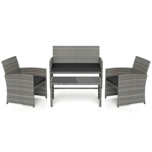 Handwoven mix gray PE rattan for extended elegance<br>Ergonomic backrest and armrests support natural  comfortable sitting posture<br>Soft cushions with elastic filling enhance comfort level<br>Zippered cushion covers allow easy cleaning<br>Tempered glass