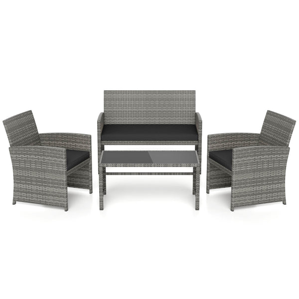 Handwoven mix gray PE rattan for extended elegance<br>Ergonomic backrest and armrests support natural  comfortable sitting posture<br>Soft cushions with elastic filling enhance comfort level<br>Zippered cushion covers allow easy cleaning<br>Tempered glass