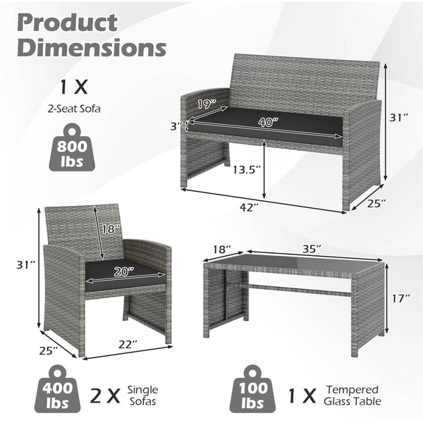 Handwoven mix gray PE rattan for extended elegance<br>Ergonomic backrest and armrests support natural  comfortable sitting posture<br>Soft cushions with elastic filling enhance comfort level<br>Zippered cushion covers allow easy cleaning<br>Tempered glass