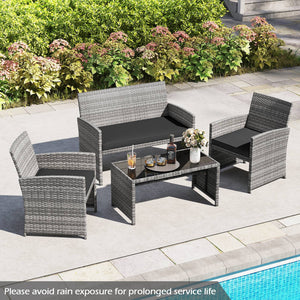 Handwoven mix gray PE rattan for extended elegance<br>Ergonomic backrest and armrests support natural  comfortable sitting posture<br>Soft cushions with elastic filling enhance comfort level<br>Zippered cushion covers allow easy cleaning<br>Tempered glass