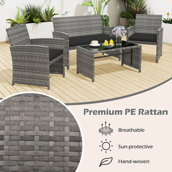 Handwoven mix gray PE rattan for extended elegance<br>Ergonomic backrest and armrests support natural  comfortable sitting posture<br>Soft cushions with elastic filling enhance comfort level<br>Zippered cushion covers allow easy cleaning<br>Tempered glass