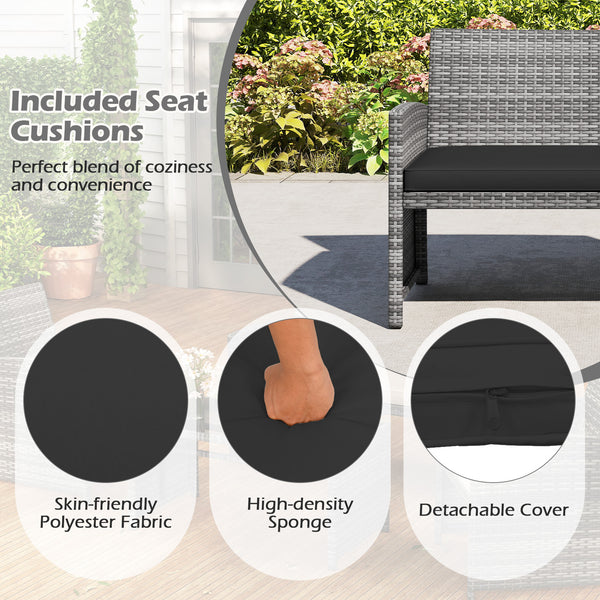 Handwoven mix gray PE rattan for extended elegance<br>Ergonomic backrest and armrests support natural  comfortable sitting posture<br>Soft cushions with elastic filling enhance comfort level<br>Zippered cushion covers allow easy cleaning<br>Tempered glass
