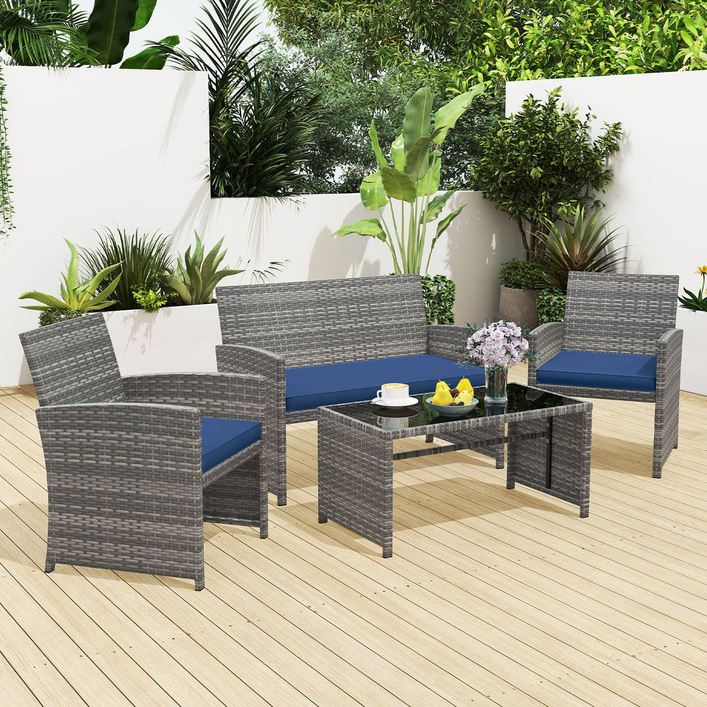 Handwoven mix gray PE rattan for extended elegance<br>Ergonomic backrest and armrests support natural  comfortable sitting posture<br>Soft cushions with elastic filling enhance comfort level<br>Zippered cushion covers allow easy cleaning<br>Tempered glass