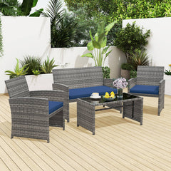 Handwoven mix gray PE rattan for extended elegance<br>Ergonomic backrest and armrests support natural  comfortable sitting posture<br>Soft cushions with elastic filling enhance comfort level<br>Zippered cushion covers allow easy cleaning<br>Tempered glass
