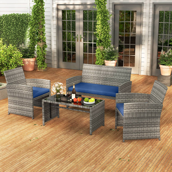 Handwoven mix gray PE rattan for extended elegance<br>Ergonomic backrest and armrests support natural  comfortable sitting posture<br>Soft cushions with elastic filling enhance comfort level<br>Zippered cushion covers allow easy cleaning<br>Tempered glass