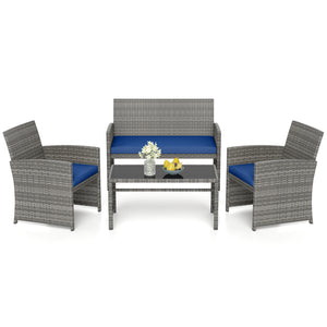 Handwoven mix gray PE rattan for extended elegance<br>Ergonomic backrest and armrests support natural  comfortable sitting posture<br>Soft cushions with elastic filling enhance comfort level<br>Zippered cushion covers allow easy cleaning<br>Tempered glass
