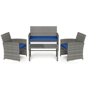 Handwoven mix gray PE rattan for extended elegance<br>Ergonomic backrest and armrests support natural  comfortable sitting posture<br>Soft cushions with elastic filling enhance comfort level<br>Zippered cushion covers allow easy cleaning<br>Tempered glass