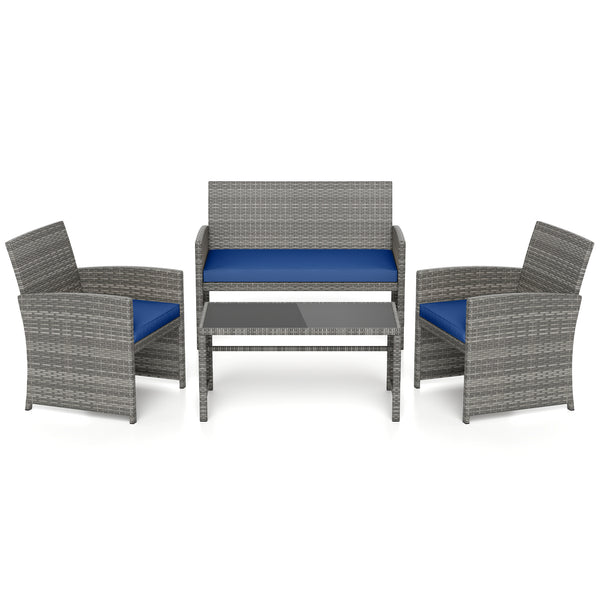 Handwoven mix gray PE rattan for extended elegance<br>Ergonomic backrest and armrests support natural  comfortable sitting posture<br>Soft cushions with elastic filling enhance comfort level<br>Zippered cushion covers allow easy cleaning<br>Tempered glass