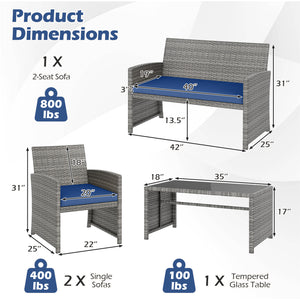Handwoven mix gray PE rattan for extended elegance<br>Ergonomic backrest and armrests support natural  comfortable sitting posture<br>Soft cushions with elastic filling enhance comfort level<br>Zippered cushion covers allow easy cleaning<br>Tempered glass