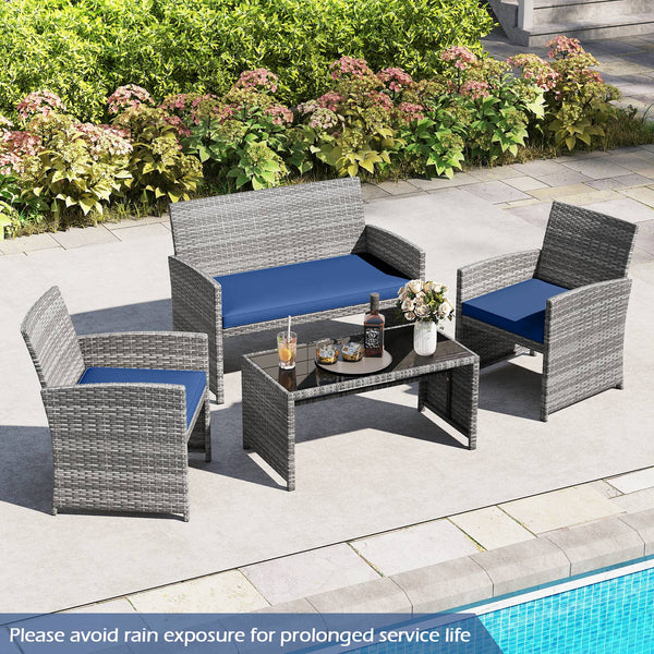Handwoven mix gray PE rattan for extended elegance<br>Ergonomic backrest and armrests support natural  comfortable sitting posture<br>Soft cushions with elastic filling enhance comfort level<br>Zippered cushion covers allow easy cleaning<br>Tempered glass