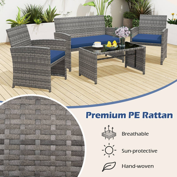 Handwoven mix gray PE rattan for extended elegance<br>Ergonomic backrest and armrests support natural  comfortable sitting posture<br>Soft cushions with elastic filling enhance comfort level<br>Zippered cushion covers allow easy cleaning<br>Tempered glass