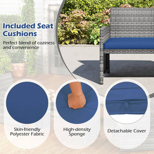 Handwoven mix gray PE rattan for extended elegance<br>Ergonomic backrest and armrests support natural  comfortable sitting posture<br>Soft cushions with elastic filling enhance comfort level<br>Zippered cushion covers allow easy cleaning<br>Tempered glass