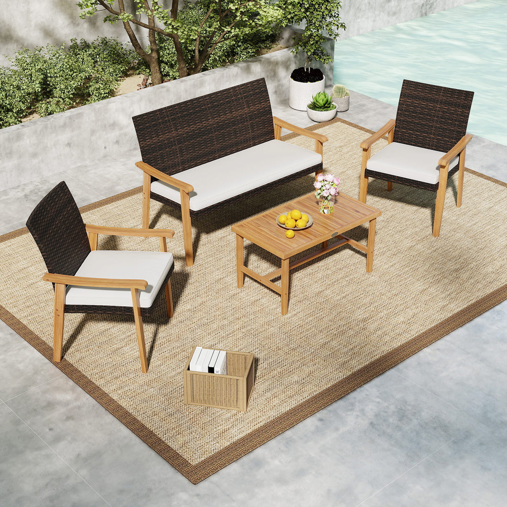 Hand-woven mix brown PE rattan for longevity and elegance<br>Sturdy acacia wood frame also injects a natural touch to your space<br>Heavy-duty metal supports for enhanced stability<br>Rectangular coffee table holds your outdoor essentials for easy access<