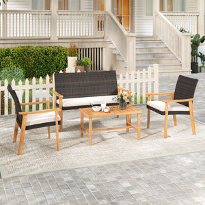 Hand-woven mix brown PE rattan for longevity and elegance<br>Sturdy acacia wood frame also injects a natural touch to your space<br>Heavy-duty metal supports for enhanced stability<br>Rectangular coffee table holds your outdoor essentials for easy access<
