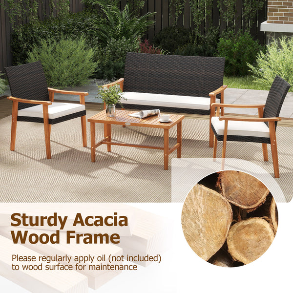 Hand-woven mix brown PE rattan for longevity and elegance<br>Sturdy acacia wood frame also injects a natural touch to your space<br>Heavy-duty metal supports for enhanced stability<br>Rectangular coffee table holds your outdoor essentials for easy access<