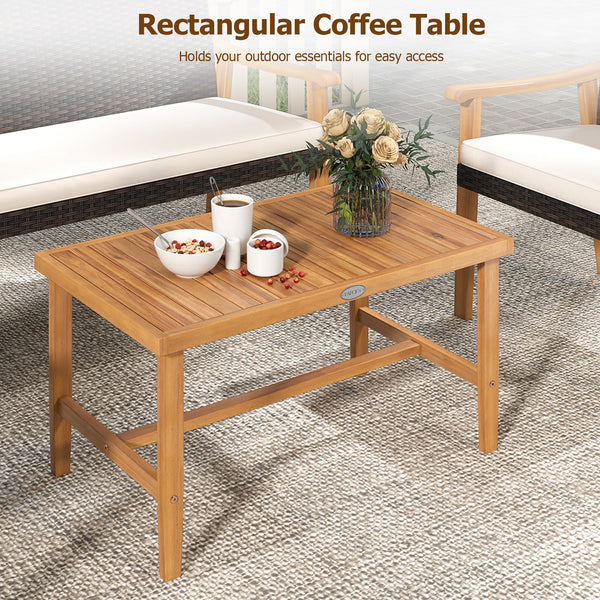 Hand-woven mix brown PE rattan for longevity and elegance<br>Sturdy acacia wood frame also injects a natural touch to your space<br>Heavy-duty metal supports for enhanced stability<br>Rectangular coffee table holds your outdoor essentials for easy access<