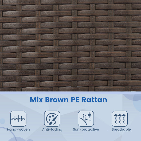 High-grade PE rattan for both elegance and durability<br>Soft seat cushions make chairs more comfortable to sit<br>Ergonomic backrest and armrests make you relaxed<br>Zipper design for easy maintenance of cushion covers<br>Heavy-duty metal frame for high 