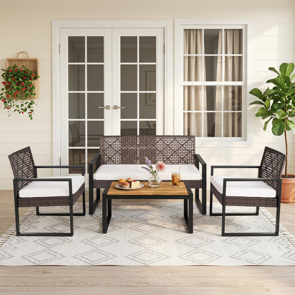 Breathable hand-woven PE rattan for weather-resistant outdoor use<br>Premium acacia wood tabletop offers natural beauty and a splinter-free surface<br>Adjustable feet on the coffee table ensure stability on uneven ground<br>High-density sponge filled cush