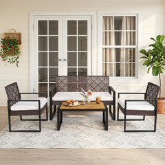 Breathable hand-woven PE rattan for weather-resistant outdoor use<br>Premium acacia wood tabletop offers natural beauty and a splinter-free surface<br>Adjustable feet on the coffee table ensure stability on uneven ground<br>High-density sponge filled cush
