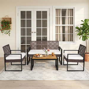 Breathable hand-woven PE rattan for weather-resistant outdoor use<br>Premium acacia wood tabletop offers natural beauty and a splinter-free surface<br>Adjustable feet on the coffee table ensure stability on uneven ground<br>High-density sponge filled cush