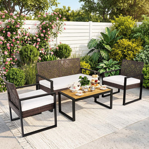 Breathable hand-woven PE rattan for weather-resistant outdoor use<br>Premium acacia wood tabletop offers natural beauty and a splinter-free surface<br>Adjustable feet on the coffee table ensure stability on uneven ground<br>High-density sponge filled cush