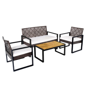 Breathable hand-woven PE rattan for weather-resistant outdoor use<br>Premium acacia wood tabletop offers natural beauty and a splinter-free surface<br>Adjustable feet on the coffee table ensure stability on uneven ground<br>High-density sponge filled cush