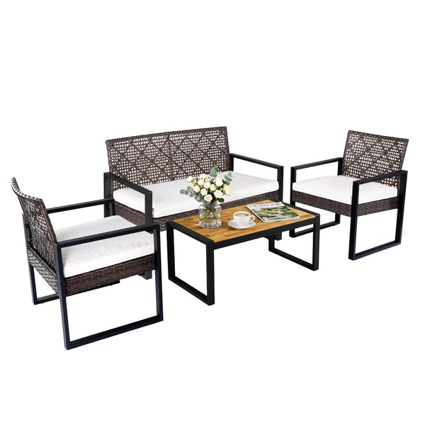 Breathable hand-woven PE rattan for weather-resistant outdoor use<br>Premium acacia wood tabletop offers natural beauty and a splinter-free surface<br>Adjustable feet on the coffee table ensure stability on uneven ground<br>High-density sponge filled cush