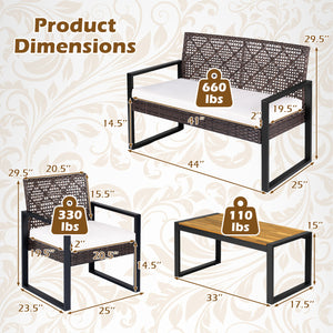 Breathable hand-woven PE rattan for weather-resistant outdoor use<br>Premium acacia wood tabletop offers natural beauty and a splinter-free surface<br>Adjustable feet on the coffee table ensure stability on uneven ground<br>High-density sponge filled cush