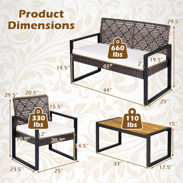 Breathable hand-woven PE rattan for weather-resistant outdoor use<br>Premium acacia wood tabletop offers natural beauty and a splinter-free surface<br>Adjustable feet on the coffee table ensure stability on uneven ground<br>High-density sponge filled cush