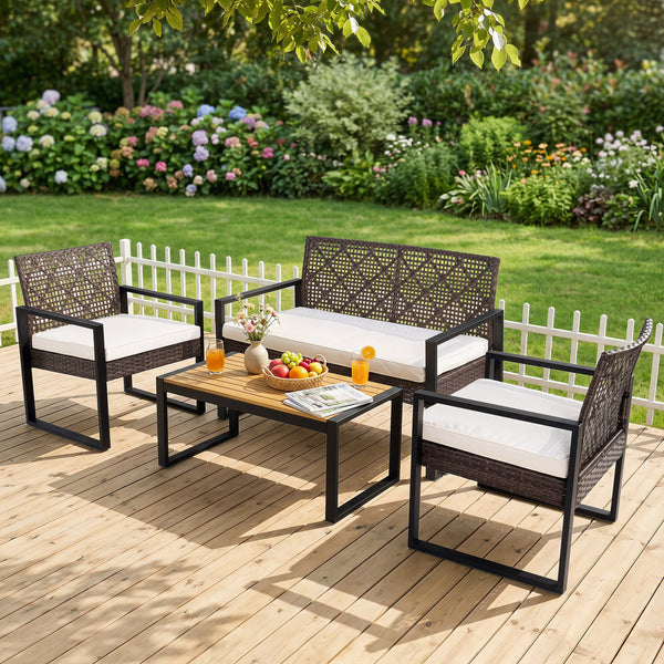 Breathable hand-woven PE rattan for weather-resistant outdoor use<br>Premium acacia wood tabletop offers natural beauty and a splinter-free surface<br>Adjustable feet on the coffee table ensure stability on uneven ground<br>High-density sponge filled cush
