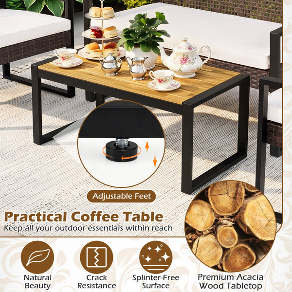 Breathable hand-woven PE rattan for weather-resistant outdoor use<br>Premium acacia wood tabletop offers natural beauty and a splinter-free surface<br>Adjustable feet on the coffee table ensure stability on uneven ground<br>High-density sponge filled cush