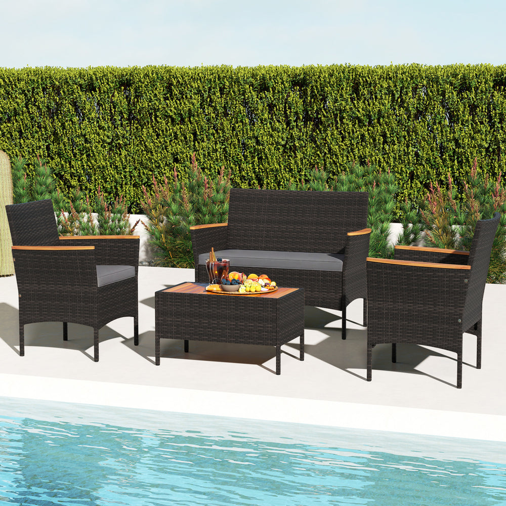 Premium hand-woven PE rattan for long-lasting beauty<br>Robust metal frame offers strong support<br>Each armchair can load 400 lbs  and loveseat can load up to 800 lbs<br>Acacia wood armrests and tabletop for more elegance<br>Soft seat and cushions make t