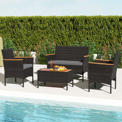Premium hand-woven PE rattan for long-lasting beauty<br>Robust metal frame offers strong support<br>Each armchair can load 400 lbs  and loveseat can load up to 800 lbs<br>Acacia wood armrests and tabletop for more elegance<br>Soft seat and cushions make t