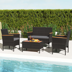 Premium hand-woven PE rattan for long-lasting beauty<br>Robust metal frame offers strong support<br>Each armchair can load 400 lbs  and loveseat can load up to 800 lbs<br>Acacia wood armrests and tabletop for more elegance<br>Soft seat and cushions make t