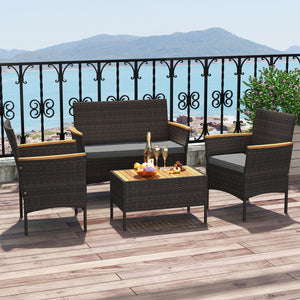 Premium hand-woven PE rattan for long-lasting beauty<br>Robust metal frame offers strong support<br>Each armchair can load 400 lbs  and loveseat can load up to 800 lbs<br>Acacia wood armrests and tabletop for more elegance<br>Soft seat and cushions make t