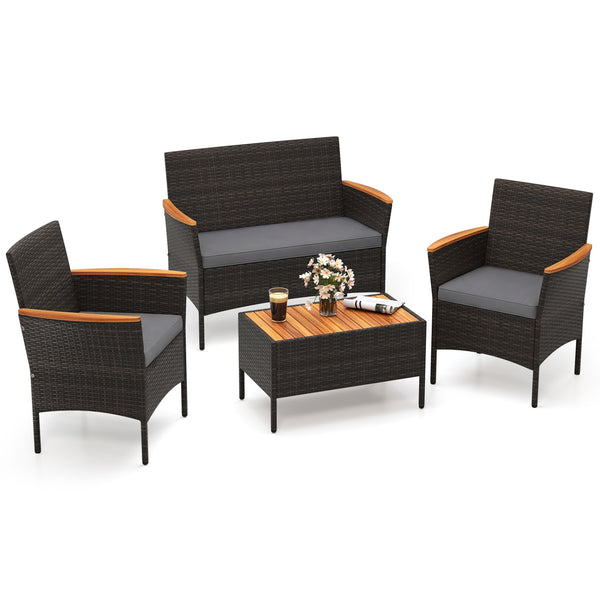 Premium hand-woven PE rattan for long-lasting beauty<br>Robust metal frame offers strong support<br>Each armchair can load 400 lbs  and loveseat can load up to 800 lbs<br>Acacia wood armrests and tabletop for more elegance<br>Soft seat and cushions make t