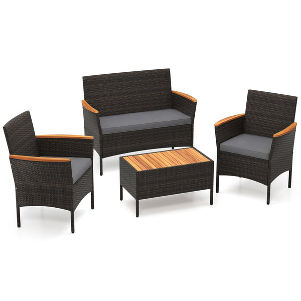 Premium hand-woven PE rattan for long-lasting beauty<br>Robust metal frame offers strong support<br>Each armchair can load 400 lbs  and loveseat can load up to 800 lbs<br>Acacia wood armrests and tabletop for more elegance<br>Soft seat and cushions make t